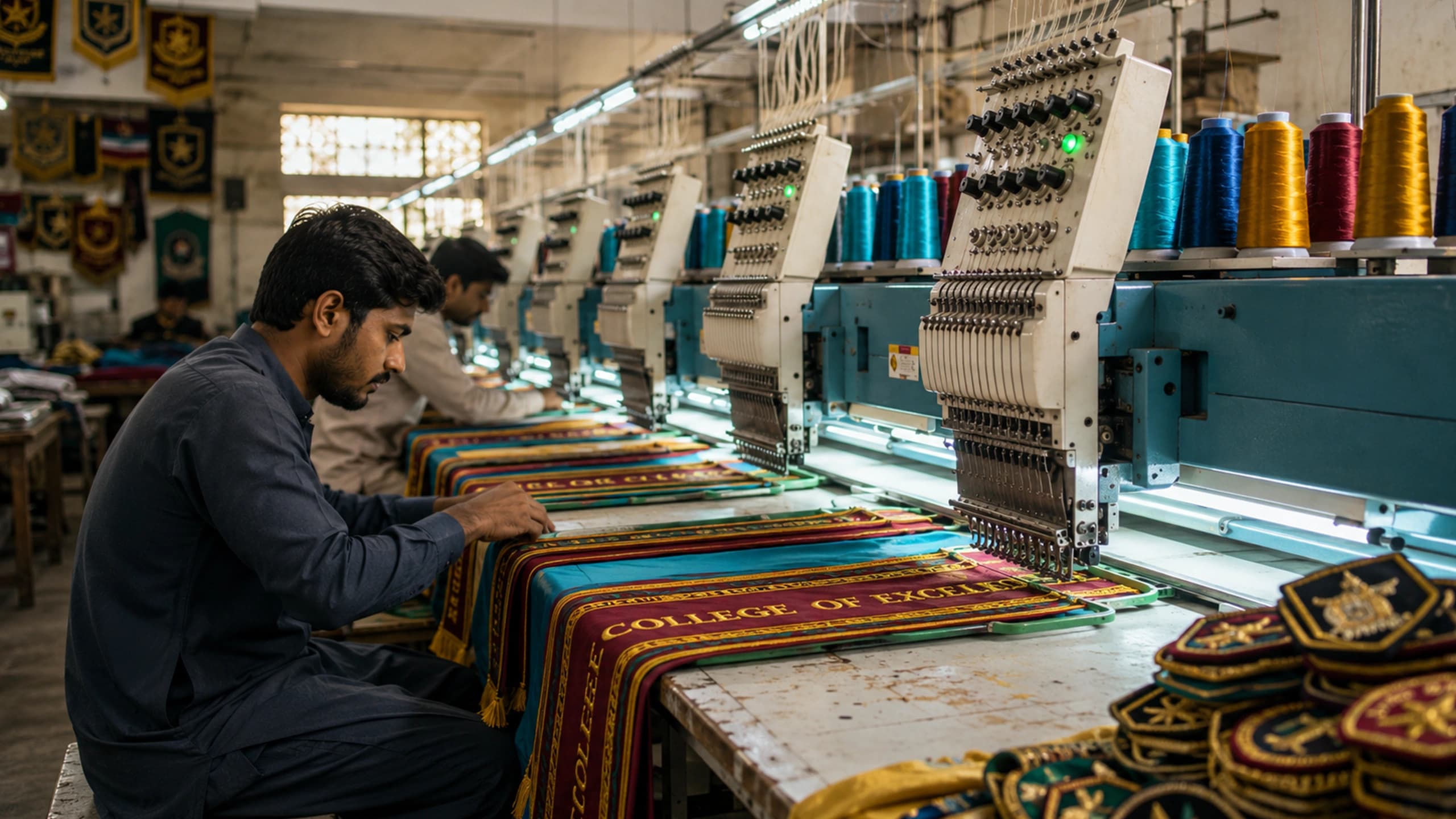 Badge embroidery being produced in the Khan Badge Makers workshop